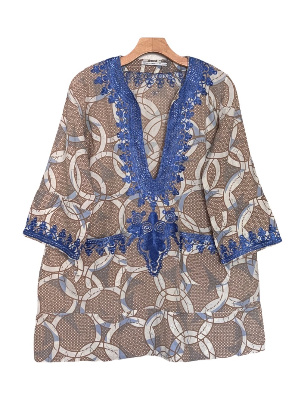 Anya Hindmarch Beach Embroidered Graphic Tunic Dress Blue & Taupe Coverup Boho M - Picture 2 of 8
